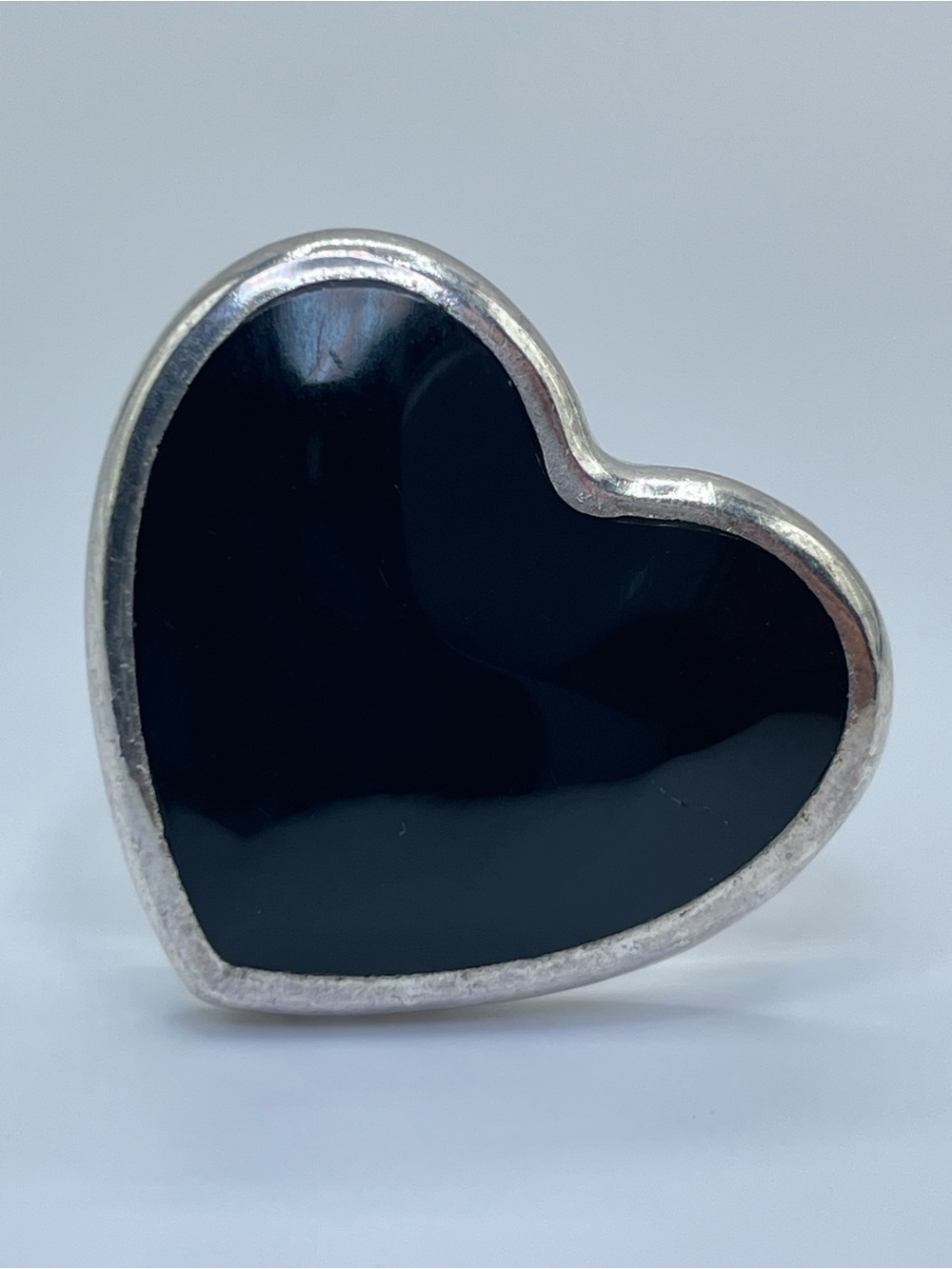 Vintage Taxco Mexico Black Acrylic Heart Silver Tone Statement Ring